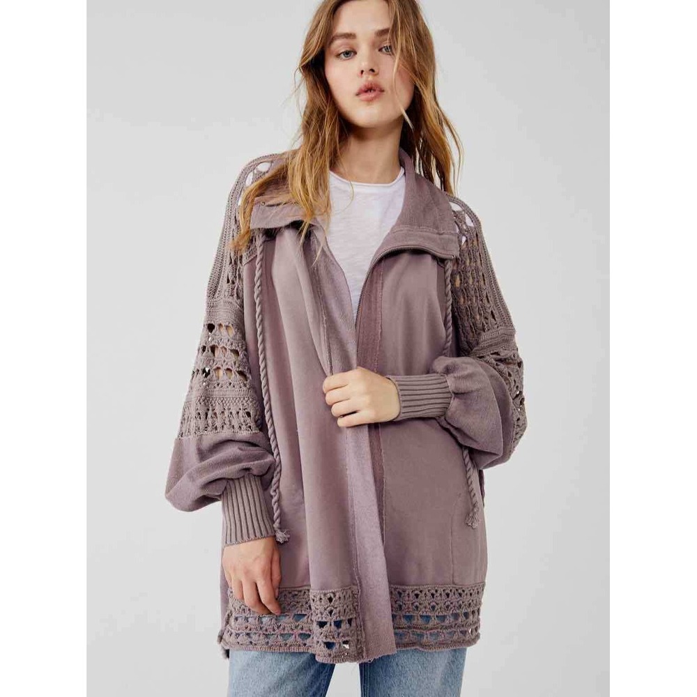 Free People Dune Bug Cardi Mauve Elderberry Crochet Zip Up Cardigan XS New